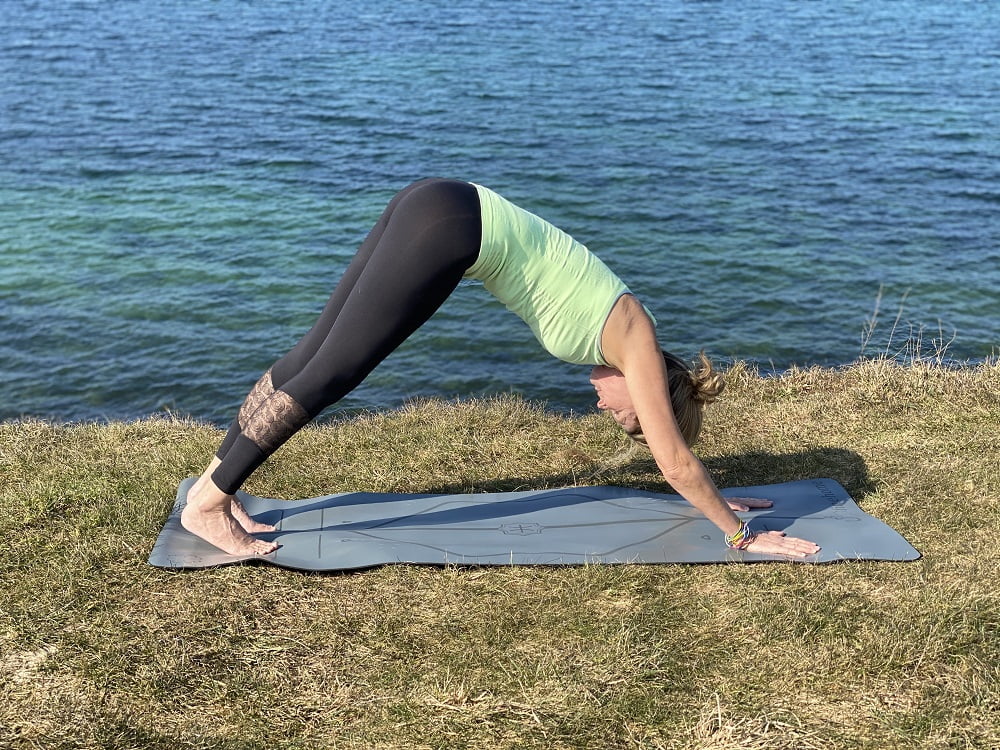 Yoga i naturen og hjemme. Stilling: Yoga hund - yogamåtte