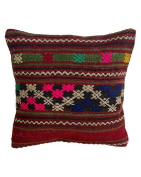 Håndlavet kelim pude 142 måler 40x40 cm. Farver: pink, grøn, rød natur med mønster