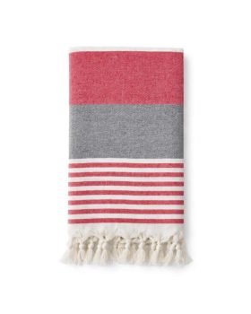 Stort dekorativt tyrkisk håndklæde 100x180 cm rød - grå - naturfarve