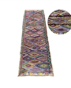 Pom pom tæppe af kelim 62x210 cm i smukke farver