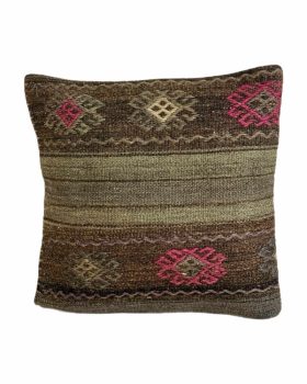 Ægte kelim pude 40x42 cm i brune, grå og lyserøde farver med striber og mønster