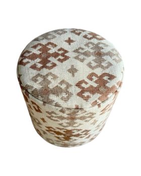 rund kelim puf 45x45 cm af ægte kelim i lyse og brune farver med smukt mønster