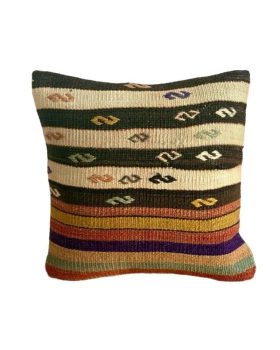 Kelim pude 40x40 cm i brune, lyse og flere farver med striber og mønster