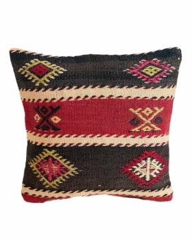 kelim pude 122 i naturfarve, lyserød, rød og mørk måler 40x40 cm