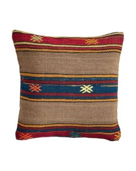 Kelim pude 115 med smuk brun bundfarve med farvestriber og smukt mønster