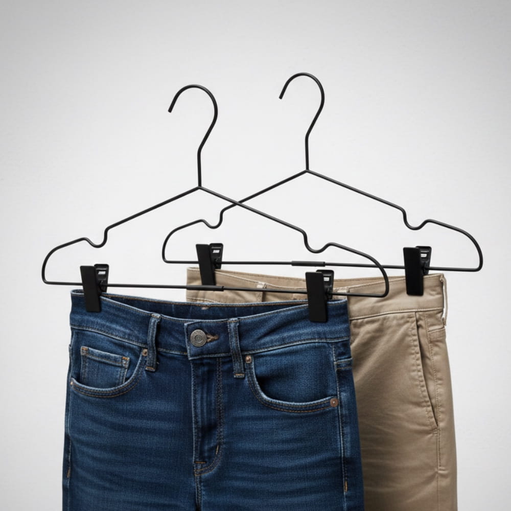Robuste sorte bøjler med clips til bukser, nederdele med mere