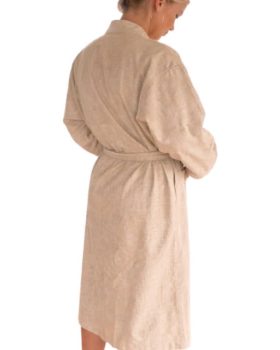 Hør badekåbe lys brun. Lang morgenkåbe model til under knæene