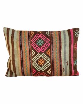 kelim pude 137 40x60 cm - lyserød, brun og grøn med smukt mønster
