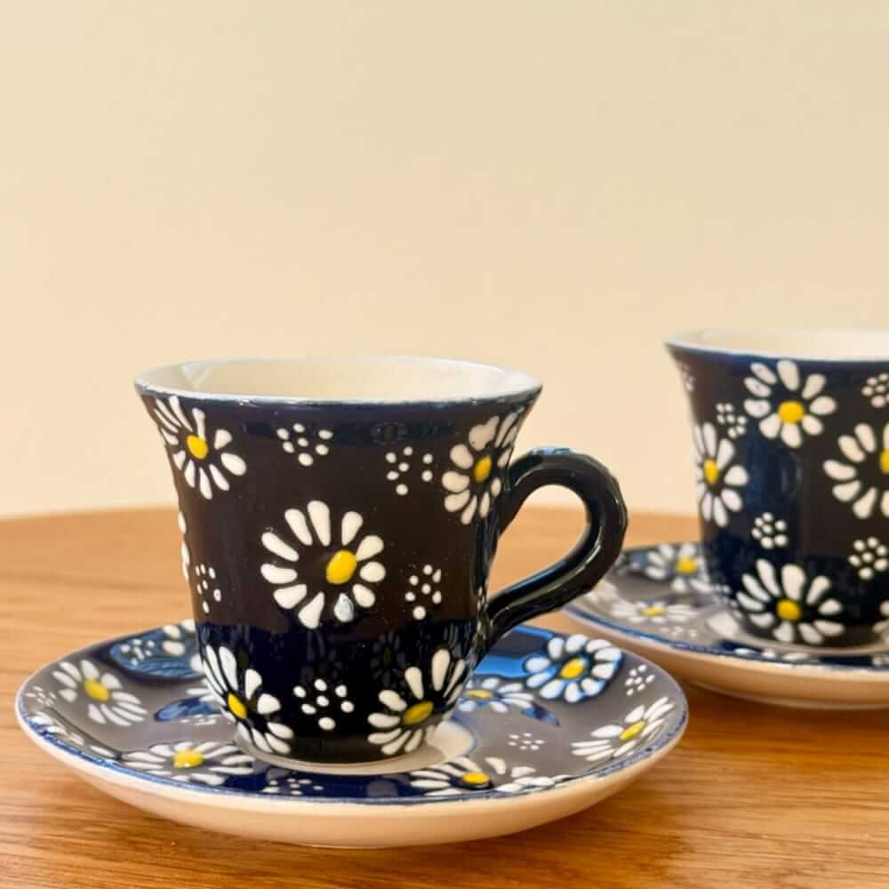 Håndlavede tyrkiske kaffekopper - blå, gul og hvid